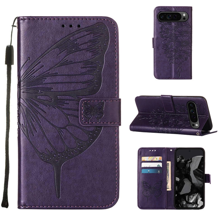 For Google Pixel 9 Pro Embossed Butterfly Leather Phone Case(Dark Purple) - Google Cases by PMC TechLife | Online Shopping South Africa | PMC TechLife | Buy Now Pay Later Mobicred