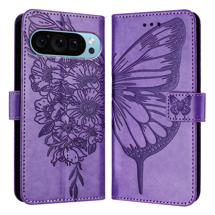 For Google Pixel 9 Pro XL Embossed Butterfly Leather Phone Case(Purple) - Google Cases by PMC TechLife | Online Shopping South Africa | PMC TechLife | Buy Now Pay Later Mobicred