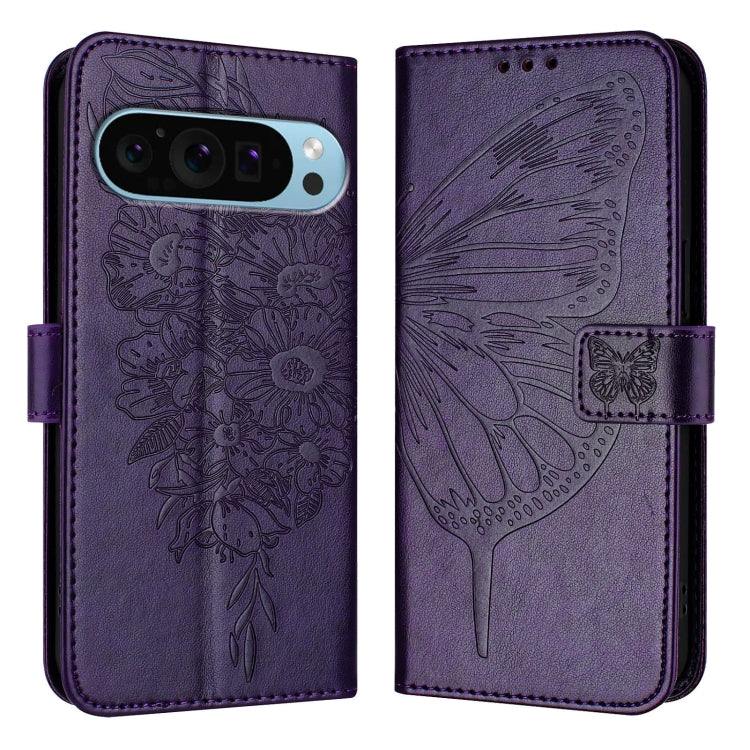 For Google Pixel 9 Pro XL Embossed Butterfly Leather Phone Case(Dark Purple) - Google Cases by PMC TechLife | Online Shopping South Africa | PMC TechLife | Buy Now Pay Later Mobicred