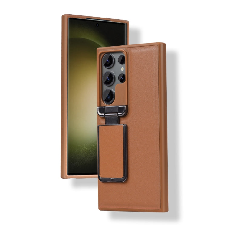 For Samsung Galaxy S24 Ultra 5G Lens Flip Cover All-inclusive Phone Case with Holder(Brown) - Galaxy S24 Ultra 5G Cases by PMC TechLife | Online Shopping South Africa | PMC TechLife