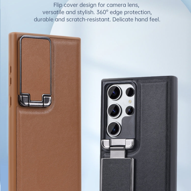 For Samsung Galaxy S24 Ultra 5G Lens Flip Cover All-inclusive Phone Case with Holder(Brown) - Galaxy S24 Ultra 5G Cases by PMC TechLife | Online Shopping South Africa | PMC TechLife