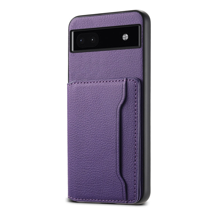 For Google Pixel 6a Calf Texture Card Bag Design Full Coverage Phone Case(Purple) - Google Cases by PMC TechLife | Online Shopping South Africa | PMC TechLife | Buy Now Pay Later Mobicred
