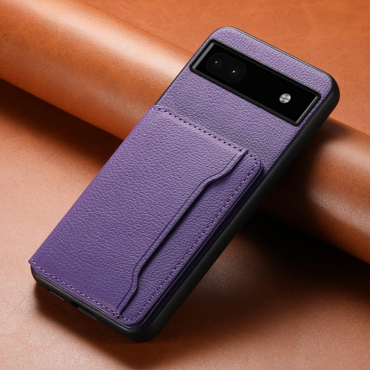 For Google Pixel 6a Calf Texture Card Bag Design Full Coverage Phone Case(Purple) - Google Cases by PMC TechLife | Online Shopping South Africa | PMC TechLife | Buy Now Pay Later Mobicred
