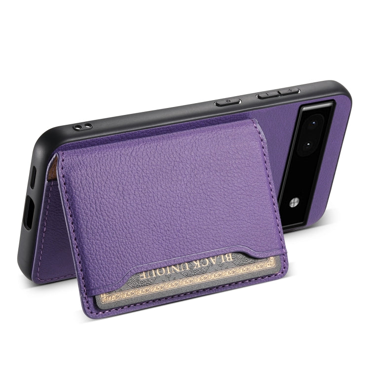 For Google Pixel 6a Calf Texture Card Bag Design Full Coverage Phone Case(Purple) - Google Cases by PMC TechLife | Online Shopping South Africa | PMC TechLife | Buy Now Pay Later Mobicred