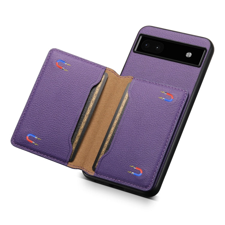 For Google Pixel 6a Calf Texture Card Bag Design Full Coverage Phone Case(Purple) - Google Cases by PMC TechLife | Online Shopping South Africa | PMC TechLife | Buy Now Pay Later Mobicred
