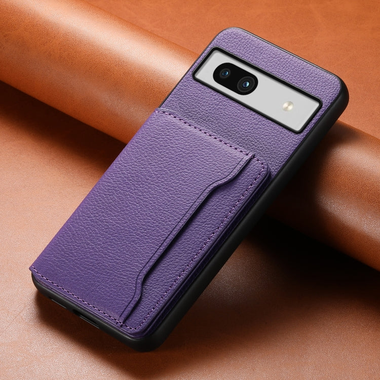 For Google Pixel 7a Calf Texture Card Bag Design Full Coverage Phone Case(Purple) - Google Cases by PMC TechLife | Online Shopping South Africa | PMC TechLife | Buy Now Pay Later Mobicred