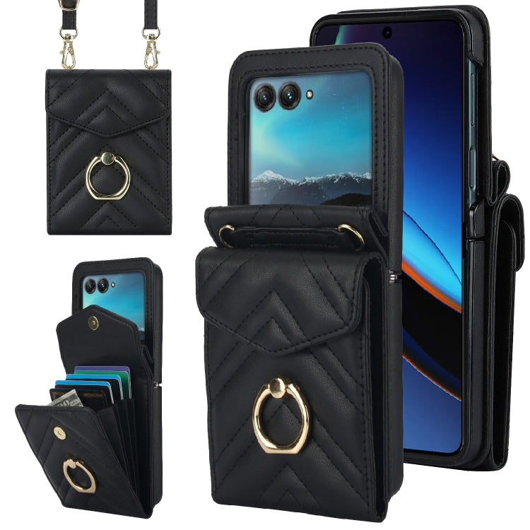 For Motorola Razr 40 Ultra / Razr 2023 V-shaped RFID Card Slot Phone Case with Ring Holder(Black) - Motorola Cases by PMC TechLife | Online Shopping South Africa | PMC TechLife | Buy Now Pay Later Mobicred