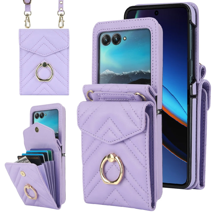 For Motorola Razr 40 Ultra / Razr 2023 V-shaped RFID Card Slot Phone Case with Ring Holder(Purple) - Motorola Cases by PMC TechLife | Online Shopping South Africa | PMC TechLife | Buy Now Pay Later Mobicred