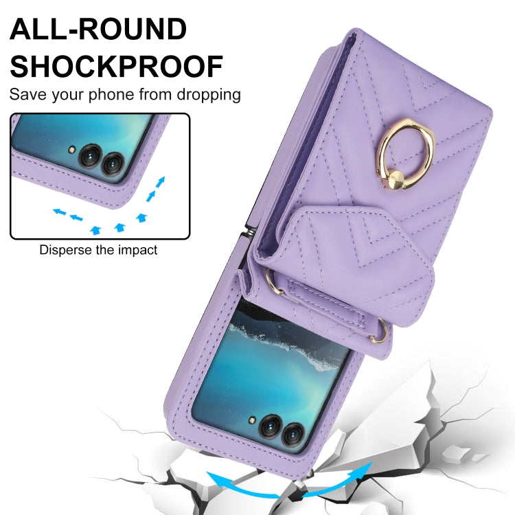 For Motorola Razr 40 Ultra / Razr 2023 V-shaped RFID Card Slot Phone Case with Ring Holder(Purple) - Motorola Cases by PMC TechLife | Online Shopping South Africa | PMC TechLife | Buy Now Pay Later Mobicred
