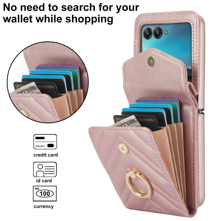 For Motorola Razr 40 Ultra / Razr 2023 V-shaped RFID Card Slot Phone Case with Ring Holder(Rose Gold) - Motorola Cases by PMC TechLife | Online Shopping South Africa | PMC TechLife | Buy Now Pay Later Mobicred