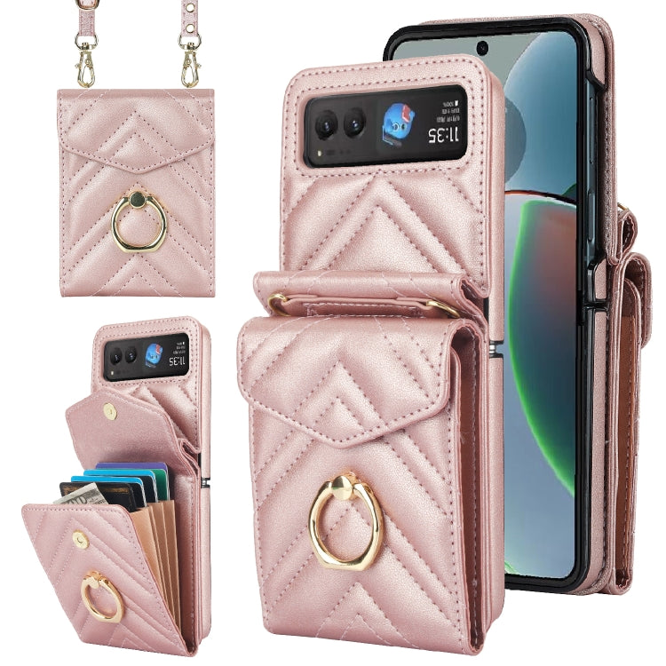 For Motorola Razr 40 V-shaped RFID Card Slot Phone Case with Ring Holder(Rose Gold) - Motorola Cases by PMC TechLife | Online Shopping South Africa | PMC TechLife | Buy Now Pay Later Mobicred