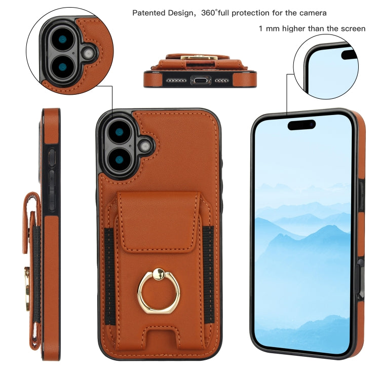 For iPhone 16 Elastic Card Bag Ring Holder Phone Case(Brown) - iPhone 16 Cases by PMC TechLife | Online Shopping South Africa | PMC TechLife | Buy Now Pay Later Mobicred