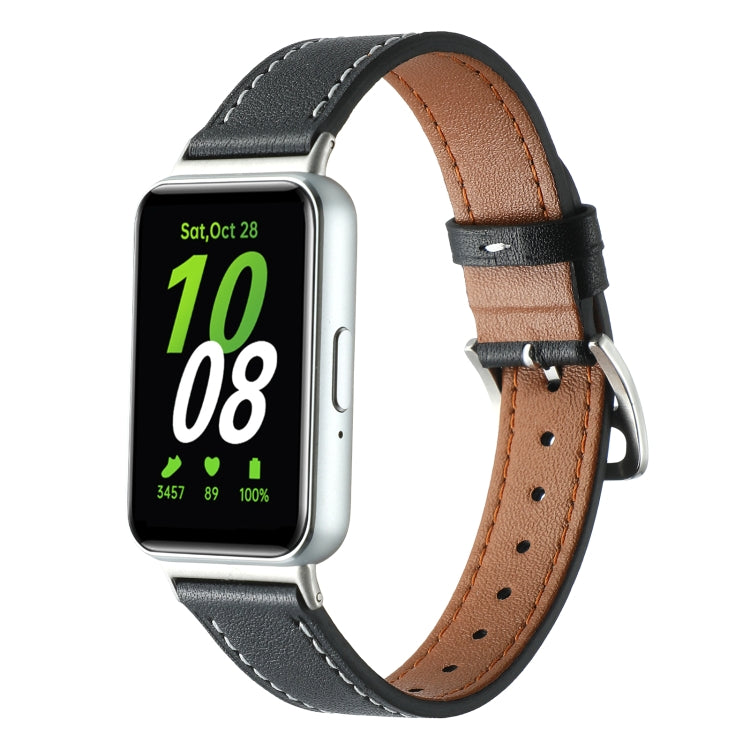 For Samsung Galaxy Fit 3 Sewing Thread Genuine Leather Watch Band(Black) - Watch Bands by PMC TechLife | Online Shopping South Africa | PMC TechLife