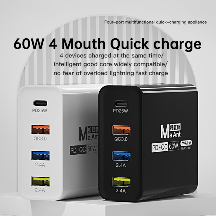 Ma-Ant 60W USB-C/Type-C+3 USB Multi-port Fast Charging Charger, Plug:EU Plug(Black) - free shipping - PMC Jewellery - Order now!