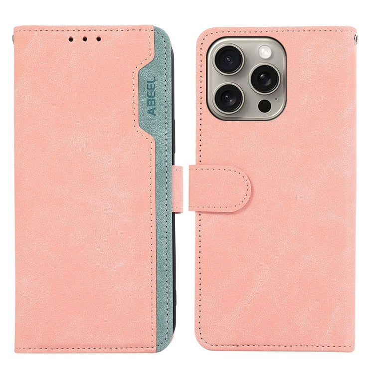 For iPhone 16 Pro Max ABEEL Color Block Magnetic RFID Leather Phone Case(Pink-Cyan) - iPhone 16 Pro Max Cases by PMC TechLife | Online Shopping South Africa | PMC TechLife | Buy Now Pay Later Mobicred