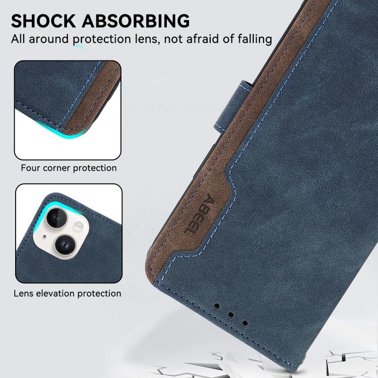For iPhone 16e ABEEL Color Block Magnetic RFID Leather Phone Case(Blue-Brown) - iPhone 16e Cases by PMC TechLife | Online Shopping South Africa | PMC TechLife | Buy Now Pay Later Mobicred