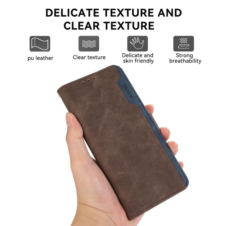 For iPhone 16e ABEEL Color Block Magnetic RFID Leather Phone Case(Brown-Blue) - iPhone 16e Cases by PMC TechLife | Online Shopping South Africa | PMC TechLife | Buy Now Pay Later Mobicred