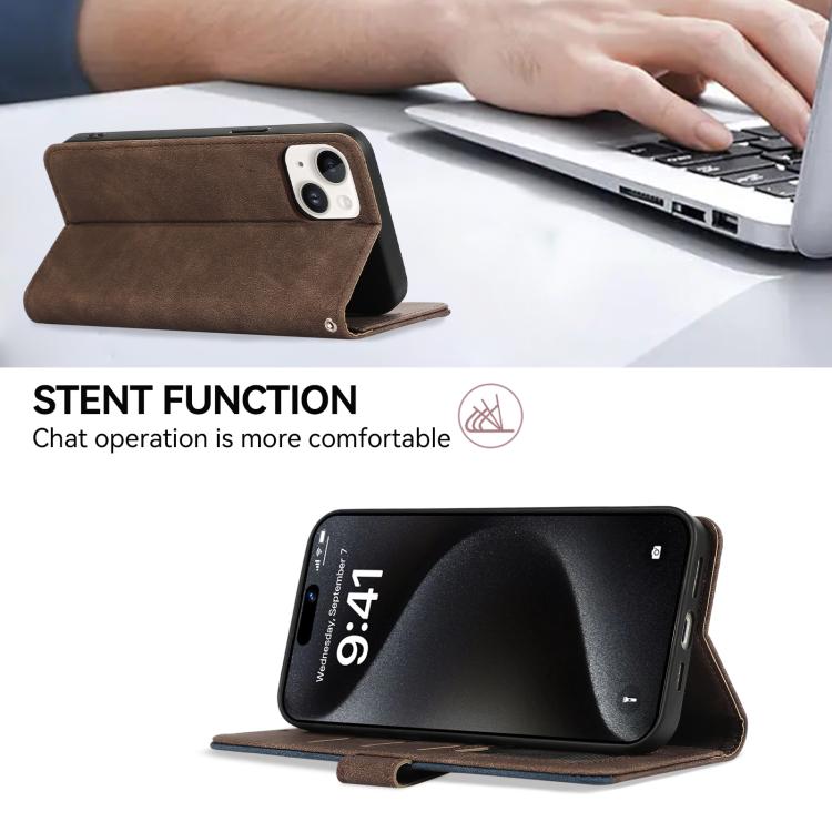 For iPhone 16e ABEEL Color Block Magnetic RFID Leather Phone Case(Brown-Blue) - iPhone 16e Cases by PMC TechLife | Online Shopping South Africa | PMC TechLife | Buy Now Pay Later Mobicred