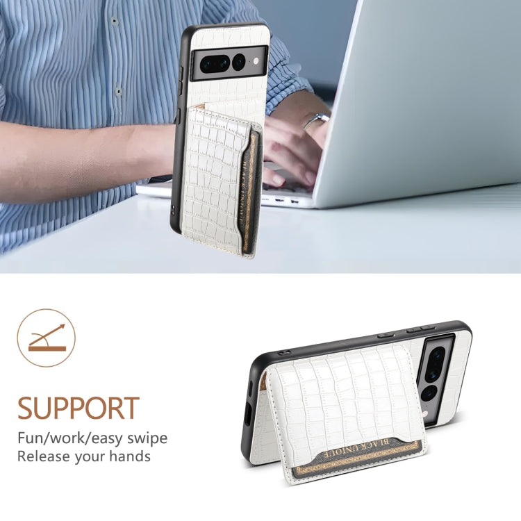 For Google Pixel 7 Pro 5G Crocodile Texture Card Bag Design Full Coverage Phone Case(White) - Google Cases by PMC TechLife | Online Shopping South Africa | PMC TechLife | Buy Now Pay Later Mobicred