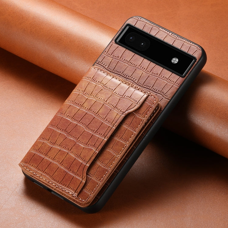For Google Pixel 6a Crocodile Texture Card Bag Design Full Coverage Phone Case(Brown) - Google Cases by PMC TechLife | Online Shopping South Africa | PMC TechLife | Buy Now Pay Later Mobicred