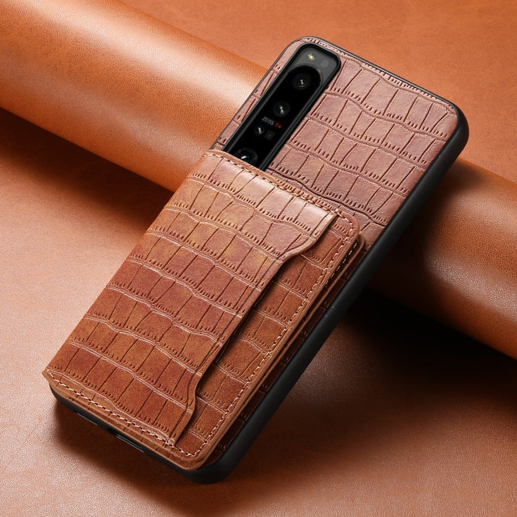 For Sony Xperia 1 IV Crocodile Texture Card Bag Design Full Coverage Phone Case(Brown) - Sony Cases by PMC TechLife | Online Shopping South Africa | PMC TechLife | Buy Now Pay Later Mobicred