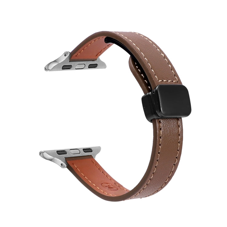 For Apple Watch Ultra 2 49mm Slim Magnetic Buckle Genuine Leather Watch Band(Plain Coffee) - Watch Bands by PMC TechLife | Online Shopping South Africa | PMC TechLife