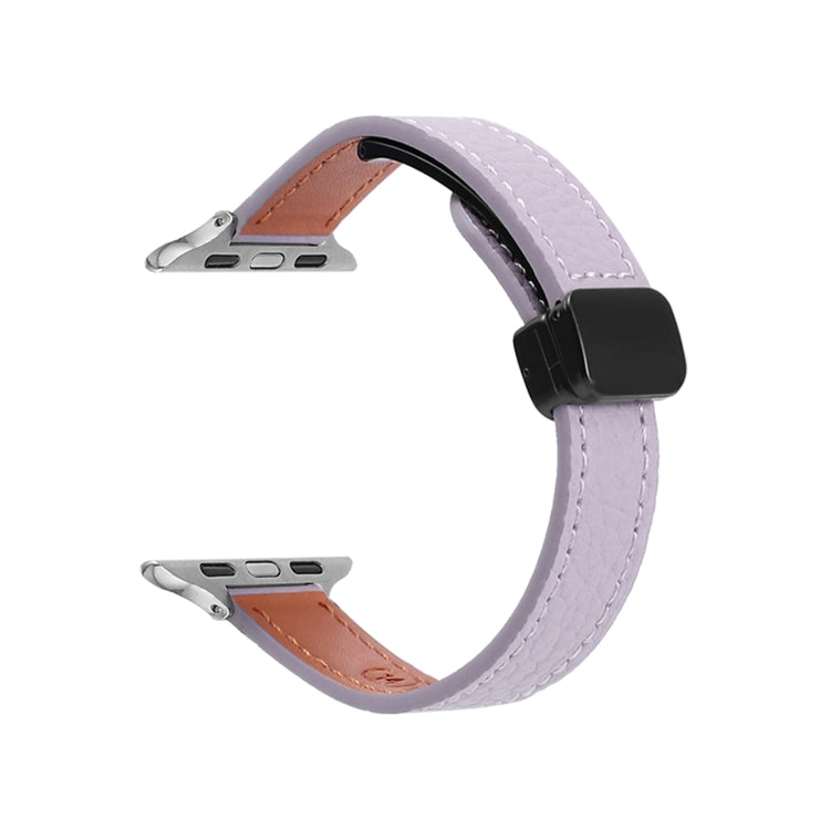 For Apple Watch Series 9 45mm Slim Magnetic Buckle Genuine Leather Watch Band(Litchi Lavender) - Watch Bands by PMC TechLife | Online Shopping South Africa | PMC TechLife