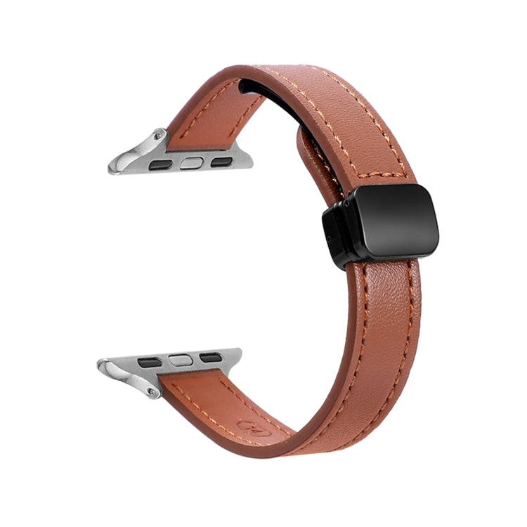 For Apple Watch SE 2022 44mm Slim Magnetic Buckle Genuine Leather Watch Band(Plain Brown) - Watch Bands by PMC TechLife | Online Shopping South Africa | PMC TechLife