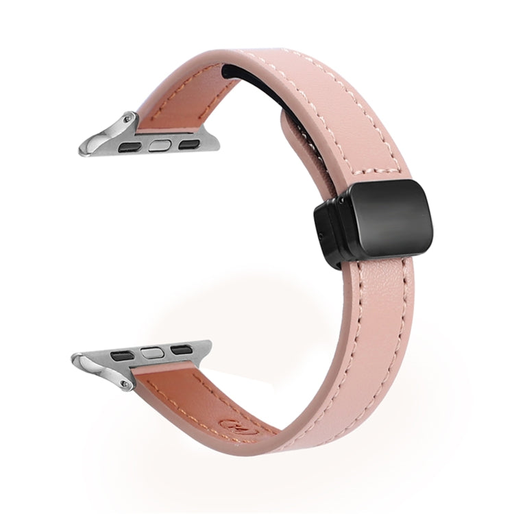 For Apple Watch SE 2022 44mm Slim Magnetic Buckle Genuine Leather Watch Band(Plain Pink) - Watch Bands by PMC TechLife | Online Shopping South Africa | PMC TechLife