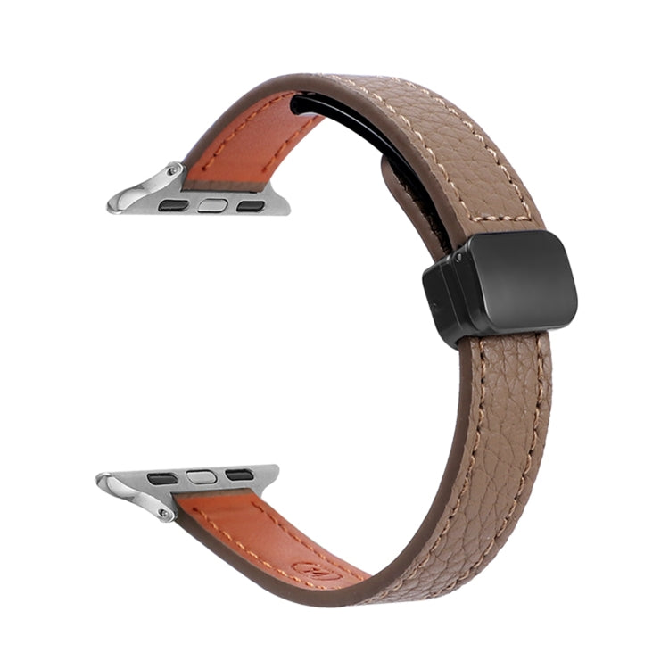 For Apple Watch SE 2022 44mm Slim Magnetic Buckle Genuine Leather Watch Band(Litchi Coffee) - Watch Bands by PMC TechLife | Online Shopping South Africa | PMC TechLife