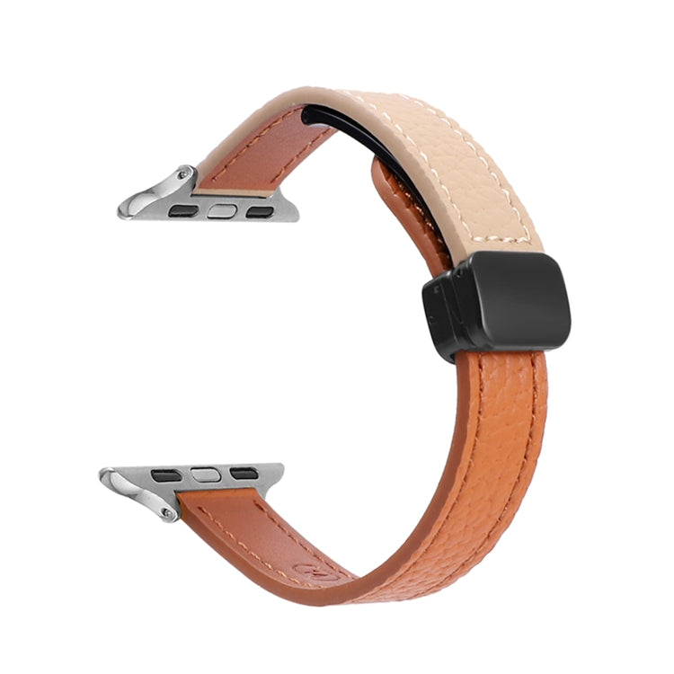 For Apple Watch Series 7 45mm Slim Magnetic Buckle Genuine Leather Watch Band(Litchi Orange Apricot) - Watch Bands by PMC TechLife | Online Shopping South Africa | PMC TechLife