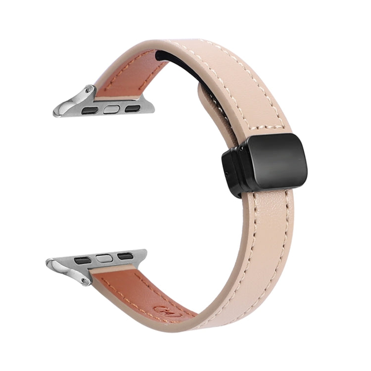 For Apple Watch SE 44mm Slim Magnetic Buckle Genuine Leather Watch Band(Plain Apricot) - Watch Bands by PMC TechLife | Online Shopping South Africa | PMC TechLife