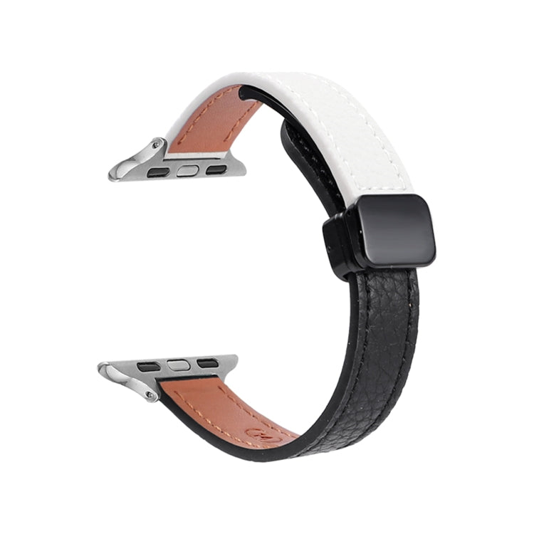 For Apple Watch Series 6 44mm Slim Magnetic Buckle Genuine Leather Watch Band(Litchi Black Beige) - Watch Bands by PMC TechLife | Online Shopping South Africa | PMC TechLife