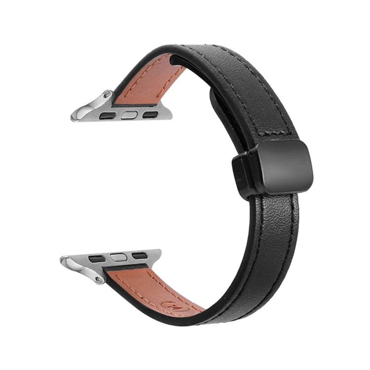 For Apple Watch Series 5 40mm Slim Magnetic Buckle Genuine Leather Watch Band(Plain Black) - Watch Bands by PMC TechLife | Online Shopping South Africa | PMC TechLife