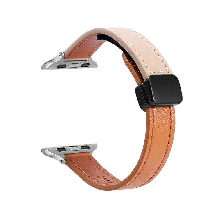For Apple Watch Series 3 42mm Slim Magnetic Buckle Genuine Leather Watch Band(Plain Orange Apricot) - Watch Bands by PMC TechLife | Online Shopping South Africa | PMC TechLife