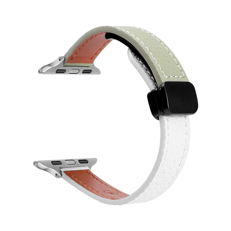 For Apple Watch Series 3 42mm Slim Magnetic Buckle Genuine Leather Watch Band(Litchi Beige Green) - Watch Bands by PMC TechLife | Online Shopping South Africa | PMC TechLife