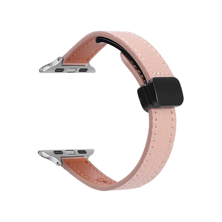 For Apple Watch Series 2 38mm Slim Magnetic Buckle Genuine Leather Watch Band(Litchi Pink) - Watch Bands by PMC TechLife | Online Shopping South Africa | PMC TechLife