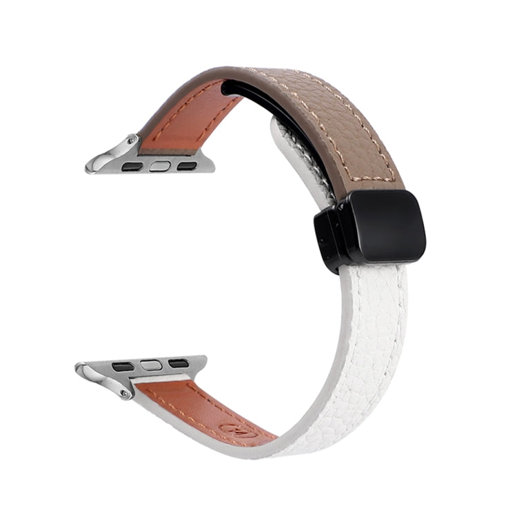 For Apple Watch Series 2 38mm Slim Magnetic Buckle Genuine Leather Watch Band(Litchi Beige Coffee) - Watch Bands by PMC TechLife | Online Shopping South Africa | PMC TechLife