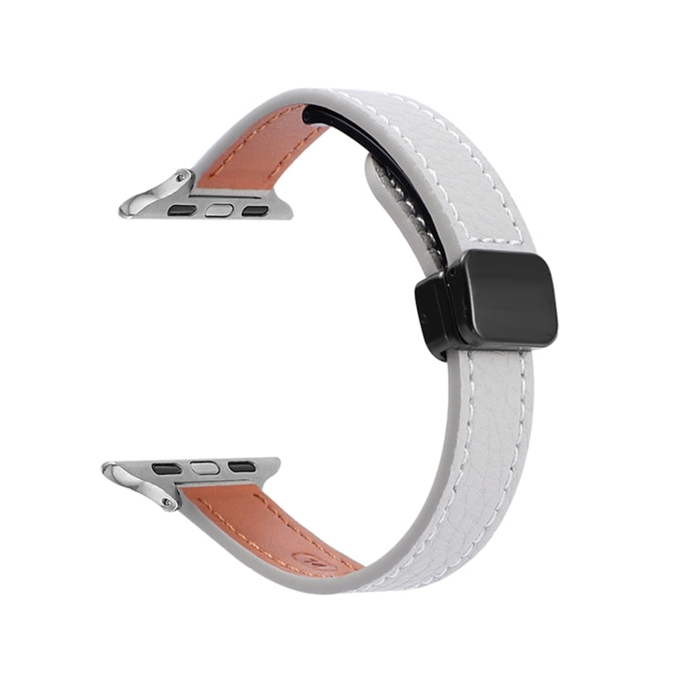 For Apple Watch 42mm Slim Magnetic Buckle Genuine Leather Watch Band(Litchi Grey) - Watch Bands by PMC TechLife | Online Shopping South Africa | PMC TechLife