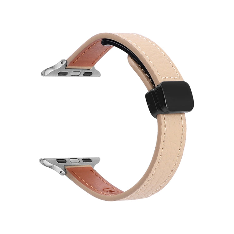 For Apple Watch 42mm Slim Magnetic Buckle Genuine Leather Watch Band(Litchi Apricot) - Watch Bands by PMC TechLife | Online Shopping South Africa | PMC TechLife