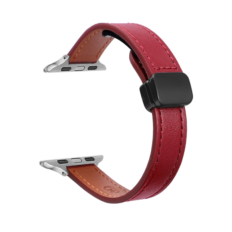 For Apple Watch 38mm Slim Magnetic Buckle Genuine Leather Watch Band(Plain Wine Red) - Watch Bands by PMC TechLife | Online Shopping South Africa | PMC TechLife