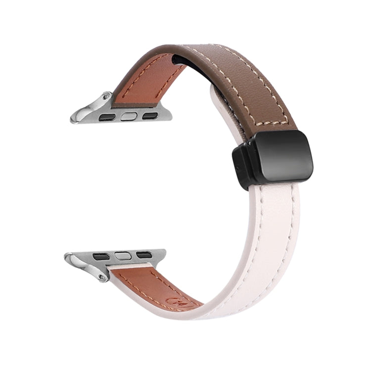 For Apple Watch 38mm Slim Magnetic Buckle Genuine Leather Watch Band(Plain Beige Coffee) - Watch Bands by PMC TechLife | Online Shopping South Africa | PMC TechLife