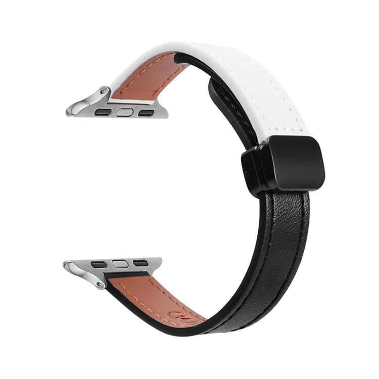 For Apple Watch 38mm Slim Magnetic Buckle Genuine Leather Watch Band(Plain Black Beige) - Watch Bands by PMC TechLife | Online Shopping South Africa | PMC TechLife