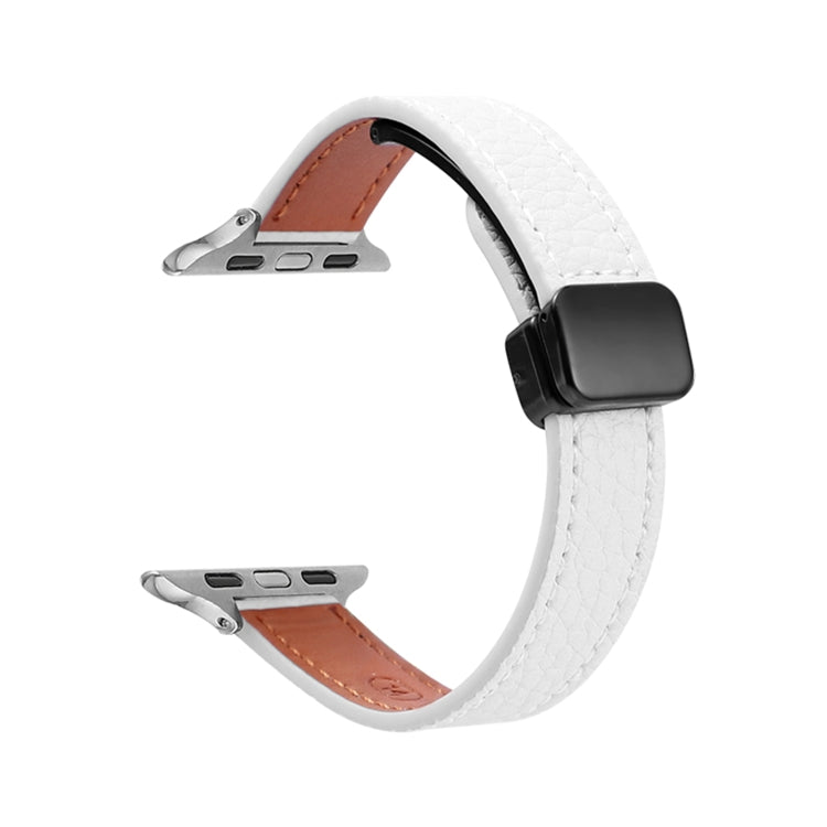 For Apple Watch 38mm Slim Magnetic Buckle Genuine Leather Watch Band(Litchi Beige) - Watch Bands by PMC TechLife | Online Shopping South Africa | PMC TechLife