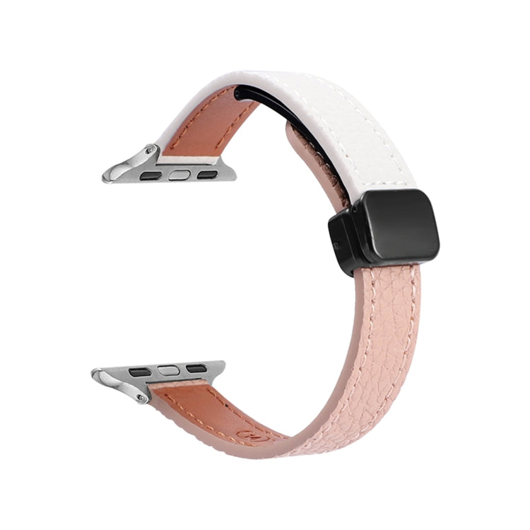 For Apple Watch 38mm Slim Magnetic Buckle Genuine Leather Watch Band(Litchi Pink Beige) - Watch Bands by PMC TechLife | Online Shopping South Africa | PMC TechLife