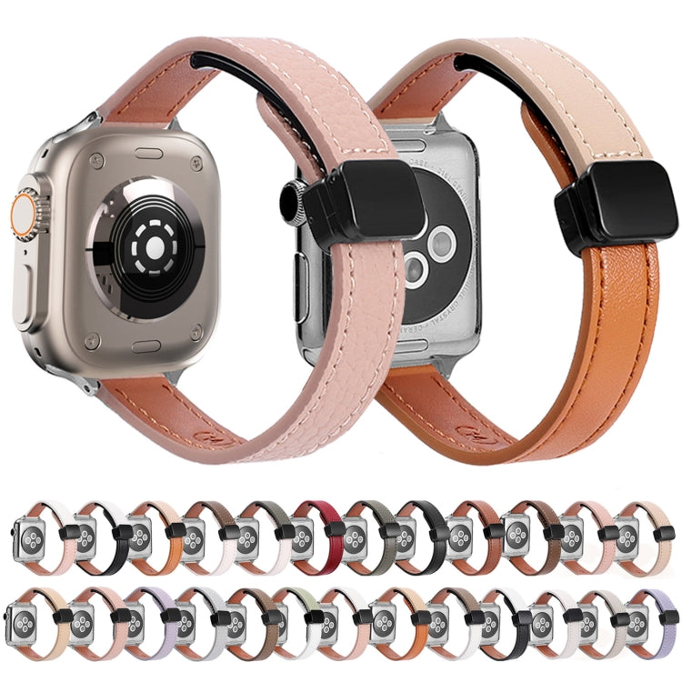 For Apple Watch Series 9 45mm Slim Magnetic Buckle Genuine Leather Watch Band(Plain Grey) - Watch Bands by PMC TechLife | Online Shopping South Africa | PMC TechLife