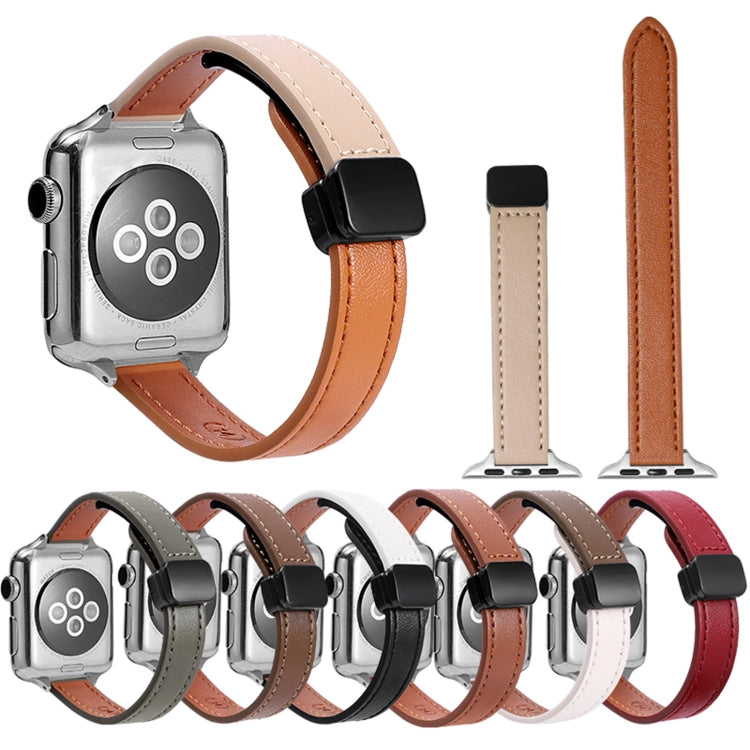 For Apple Watch Series 2 42mm Slim Magnetic Buckle Genuine Leather Watch Band(Plain Coffee) - Watch Bands by PMC TechLife | Online Shopping South Africa | PMC TechLife