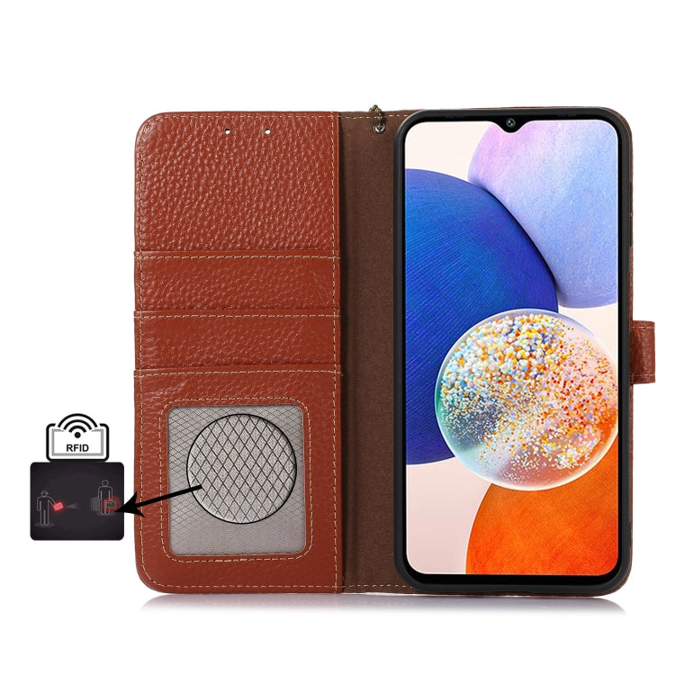 For OnePlus Nord CE4 5G / K12 5G Genuine Leather Litchi Texture RFID Leather Phone Case(Coffee) - OnePlus Cases by PMC TechLife | Online Shopping South Africa | PMC TechLife | Buy Now Pay Later Mobicred
