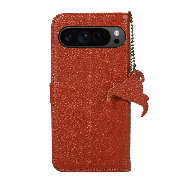 For Google Pixel 9 Pro Genuine Leather Litchi Texture RFID Leather Phone Case(Coffee) - Google Cases by PMC TechLife | Online Shopping South Africa | PMC TechLife | Buy Now Pay Later Mobicred