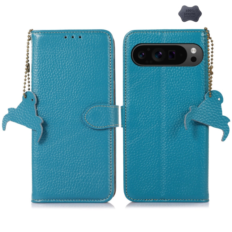 For Google Pixel 10 Pro / 9 Pro Genuine Leather Litchi Texture RFID Leather Phone Case(Blue) - Google Cases by PMC TechLife | Online Shopping South Africa | PMC TechLife | Buy Now Pay Later Mobicred